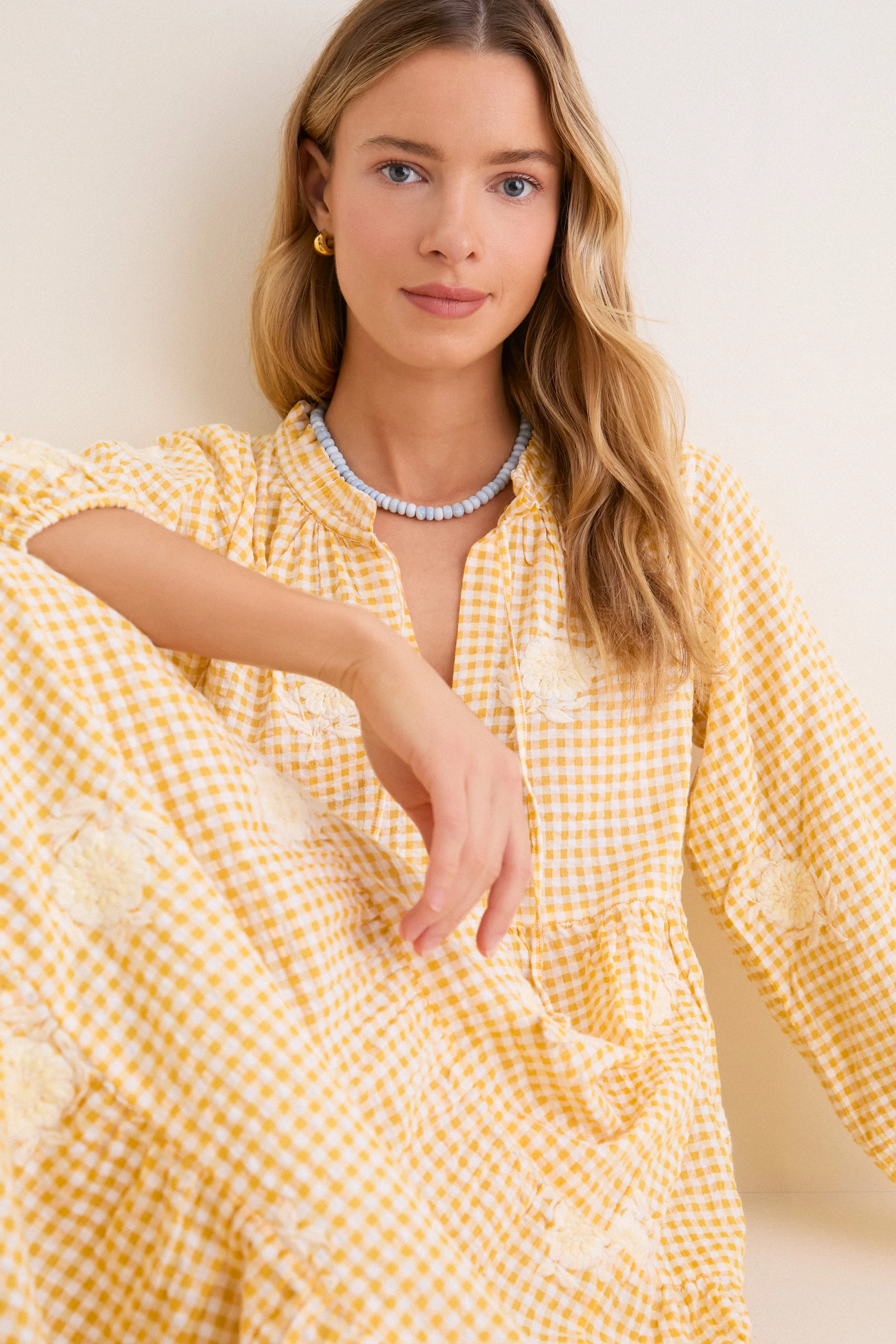 Honey Gingham Embroidered Long Sleeve Salty Paloma Caftan - Image 2