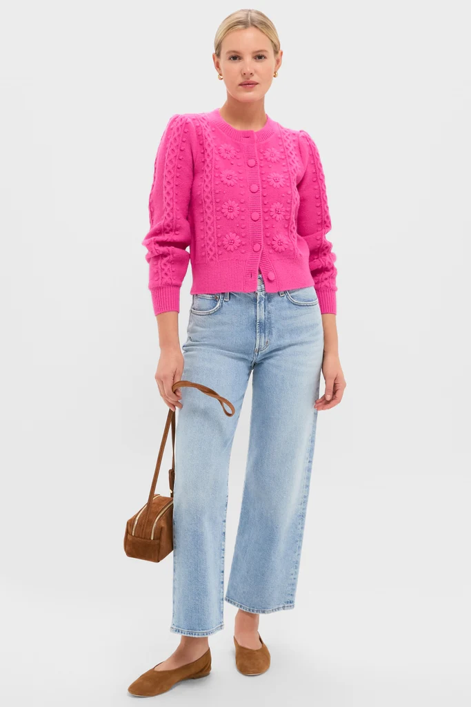 Hot Pink Embroidered Floral Frankie Cardigan - Image 2