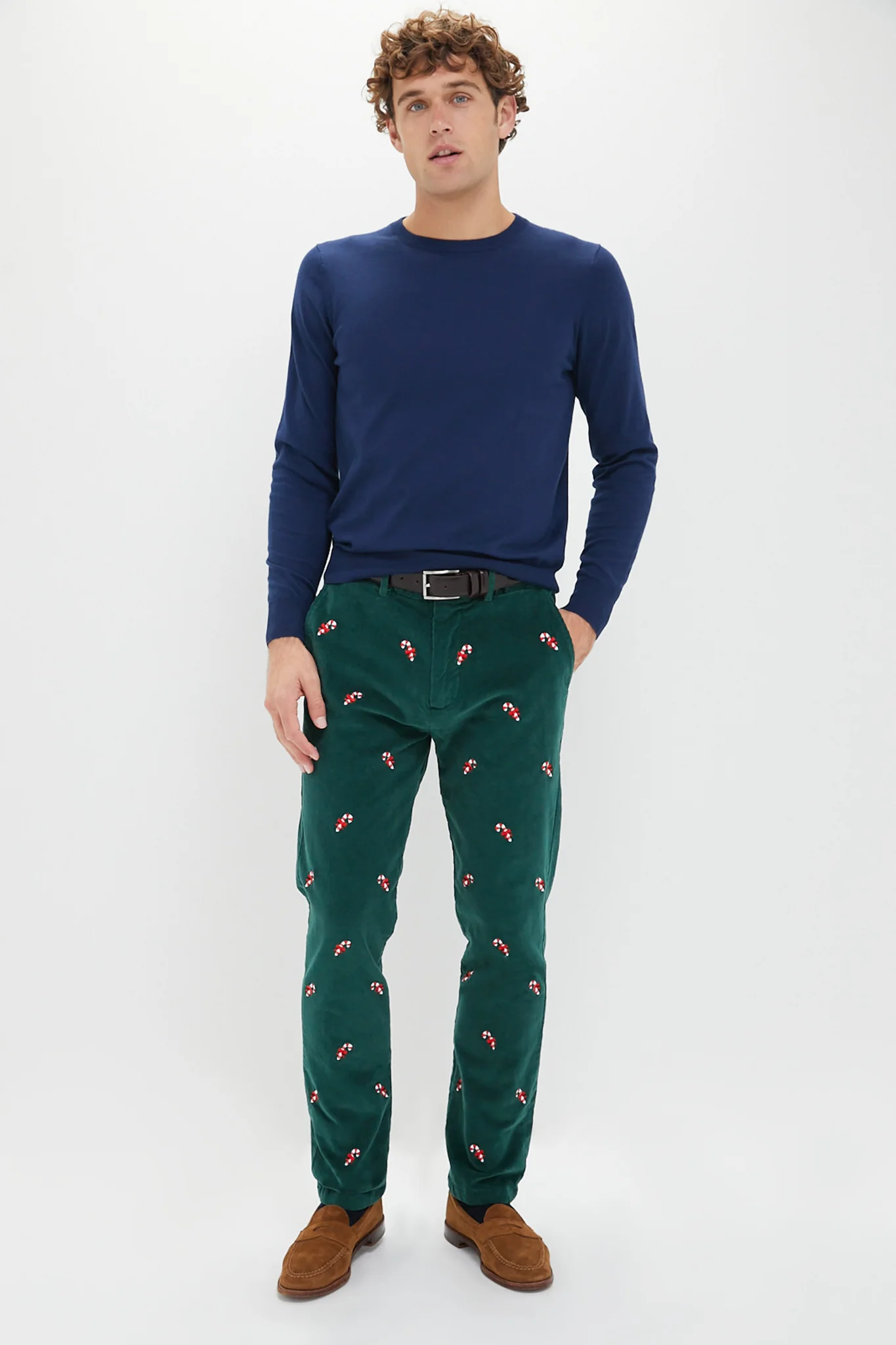 Hunter Green Candy Cane Embroidered Corduroy Pants (32" Inseam) - Image 3