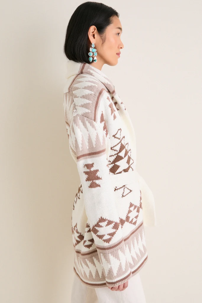 Ivory and Mocha Wool Blend Ranch Teddy Wrap Cardigan - Image 3