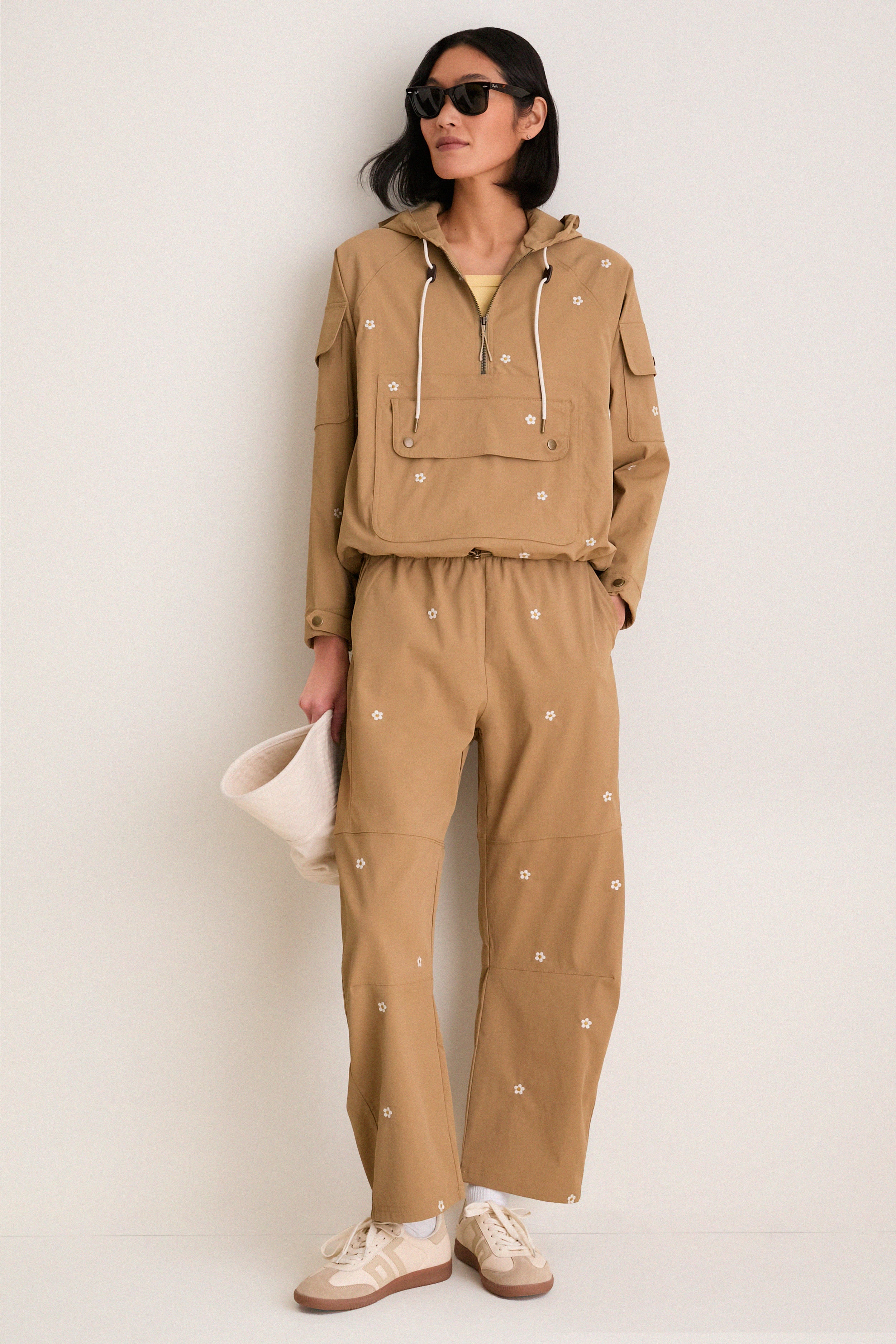 Khaki with Daisy Embroidery Cropped Trailhead Pullover - Image 2