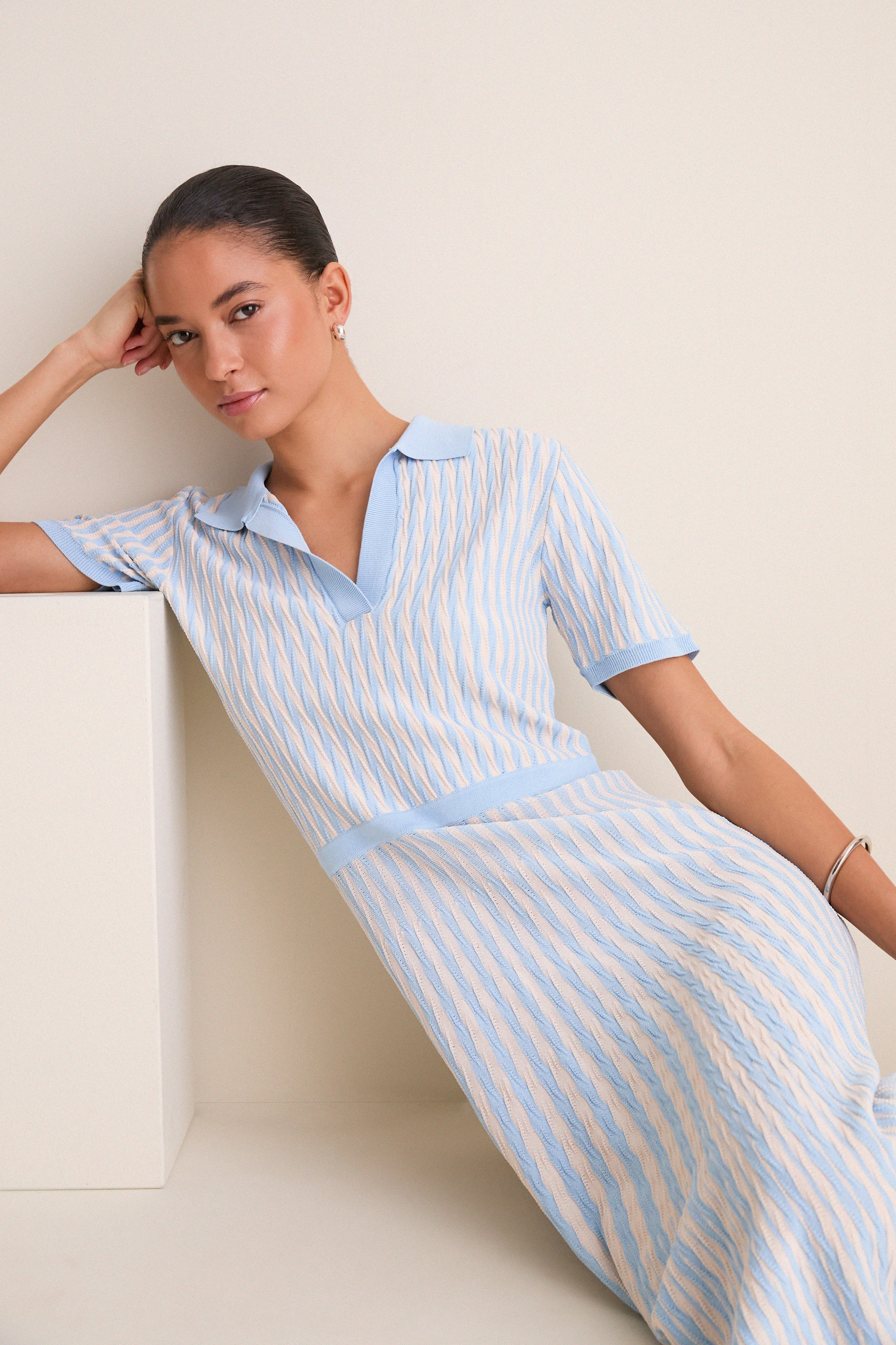 Light Blue and Ivory Knit Maude Polo Dress - Image 6