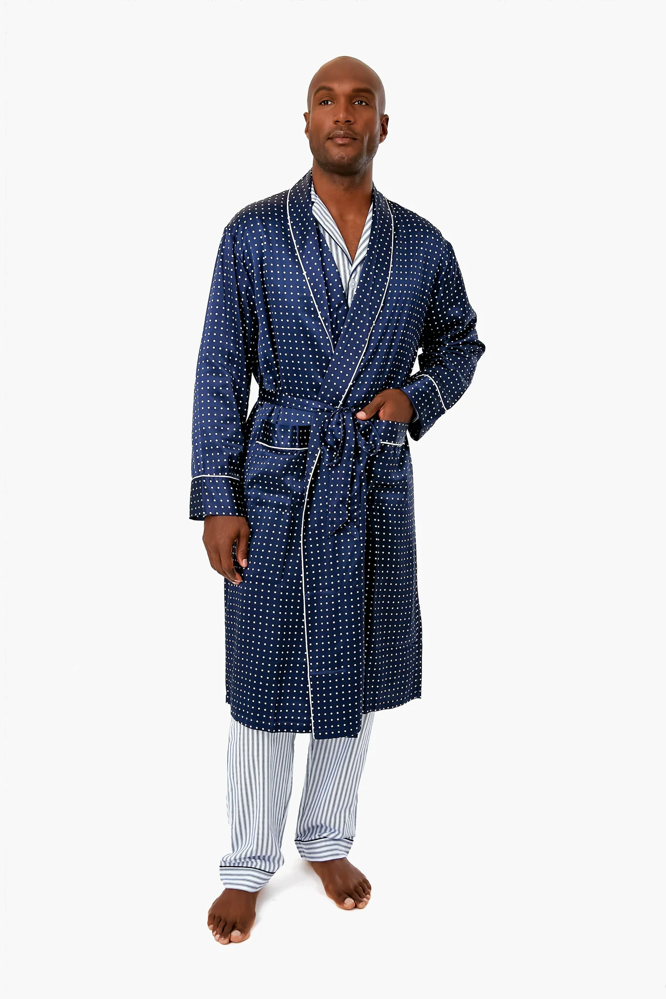 Mens Navy Silk Long Robe - Image 2