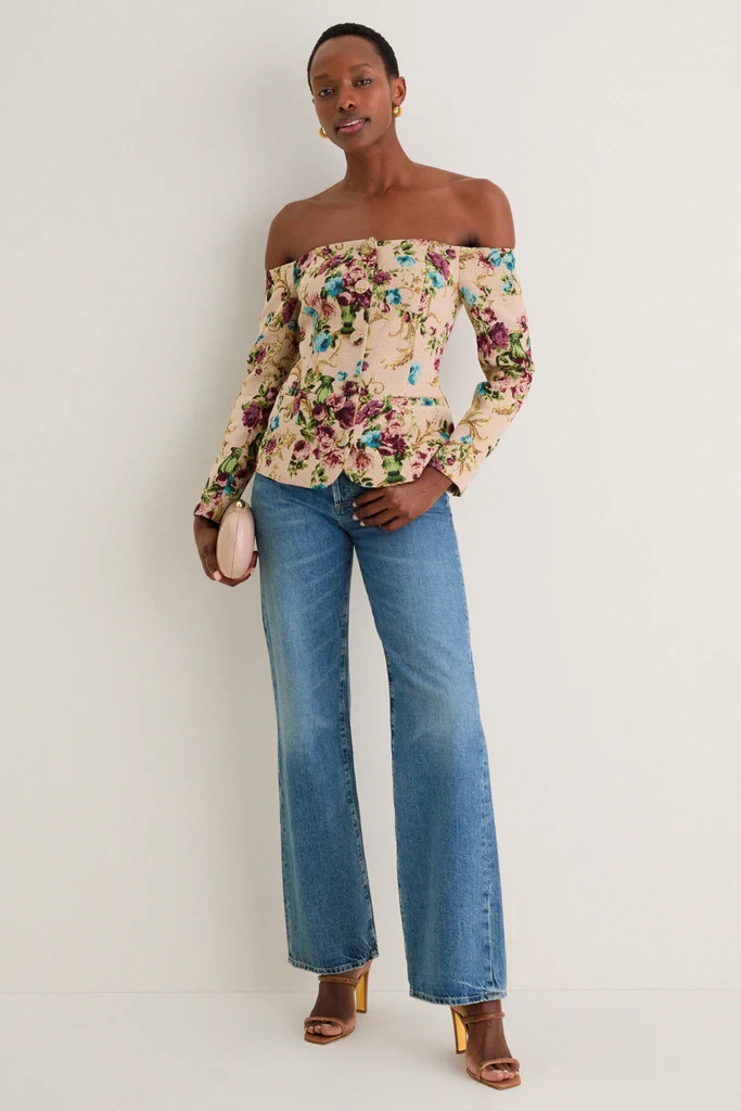 Multi Floral Tapestry Alice Off The Shoulder Blazer - Image 2