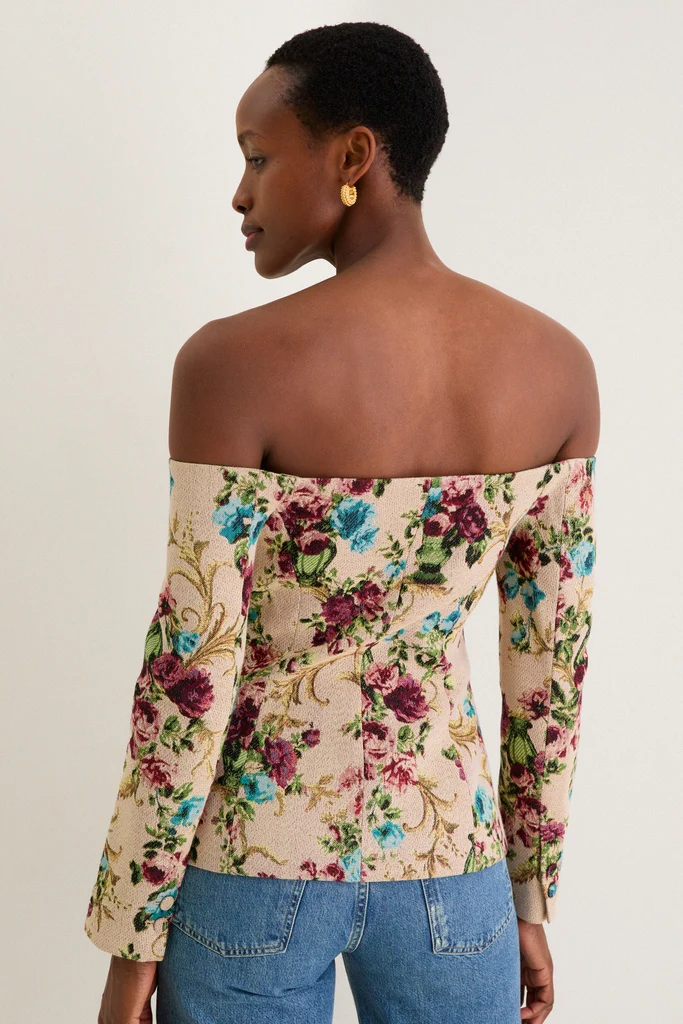 Multi Floral Tapestry Alice Off The Shoulder Blazer - Image 4