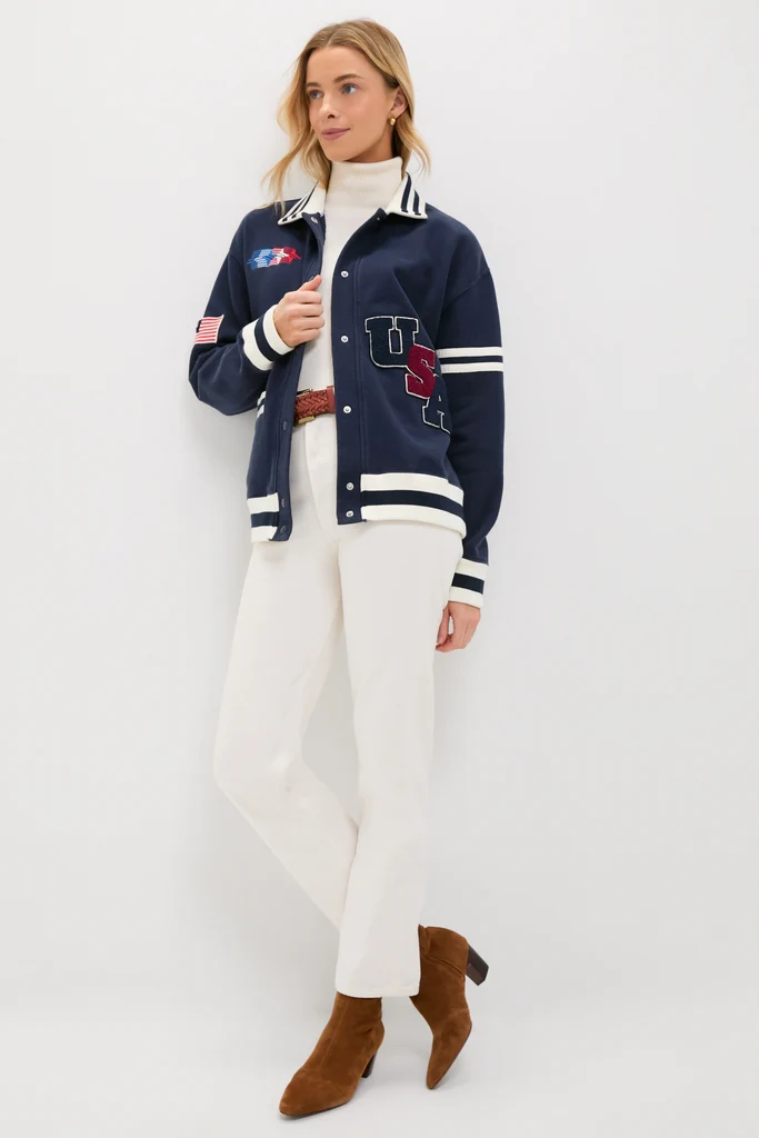Navy Albright Fleece Varsity Jacket - Image 3