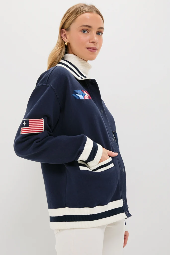 Navy Albright Fleece Varsity Jacket - Image 5