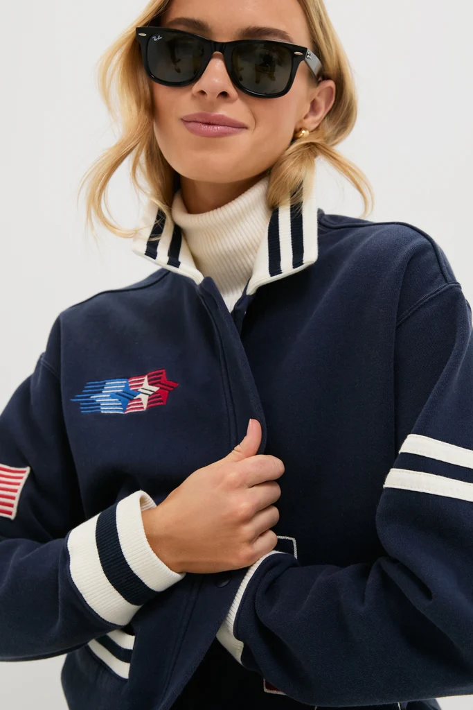 Navy Albright Fleece Varsity Jacket - Image 8