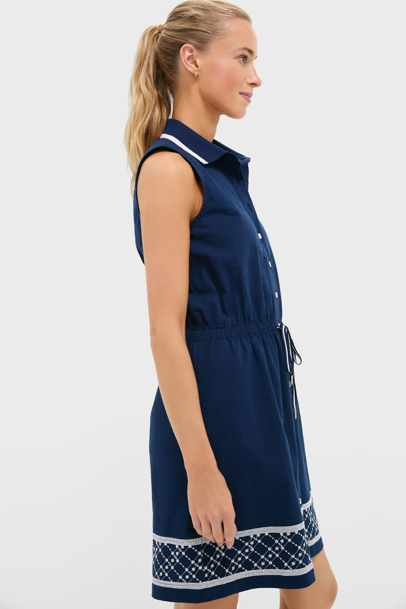 Navy and White Embroidered Sleeveless Performance Seersucker Alcott Golf Dress - Image 2