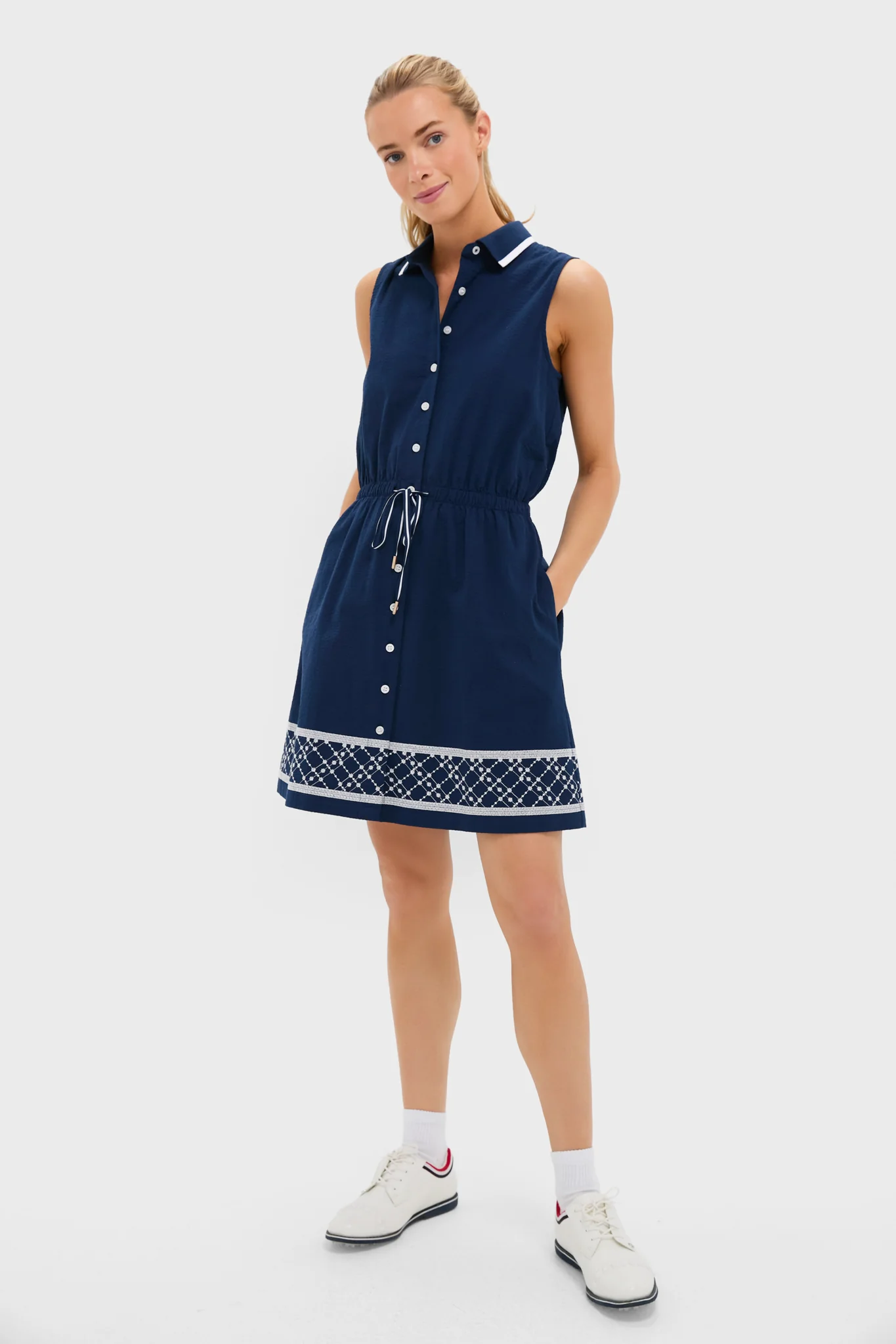 Navy and White Embroidered Sleeveless Performance Seersucker Alcott Golf Dress - Image 5