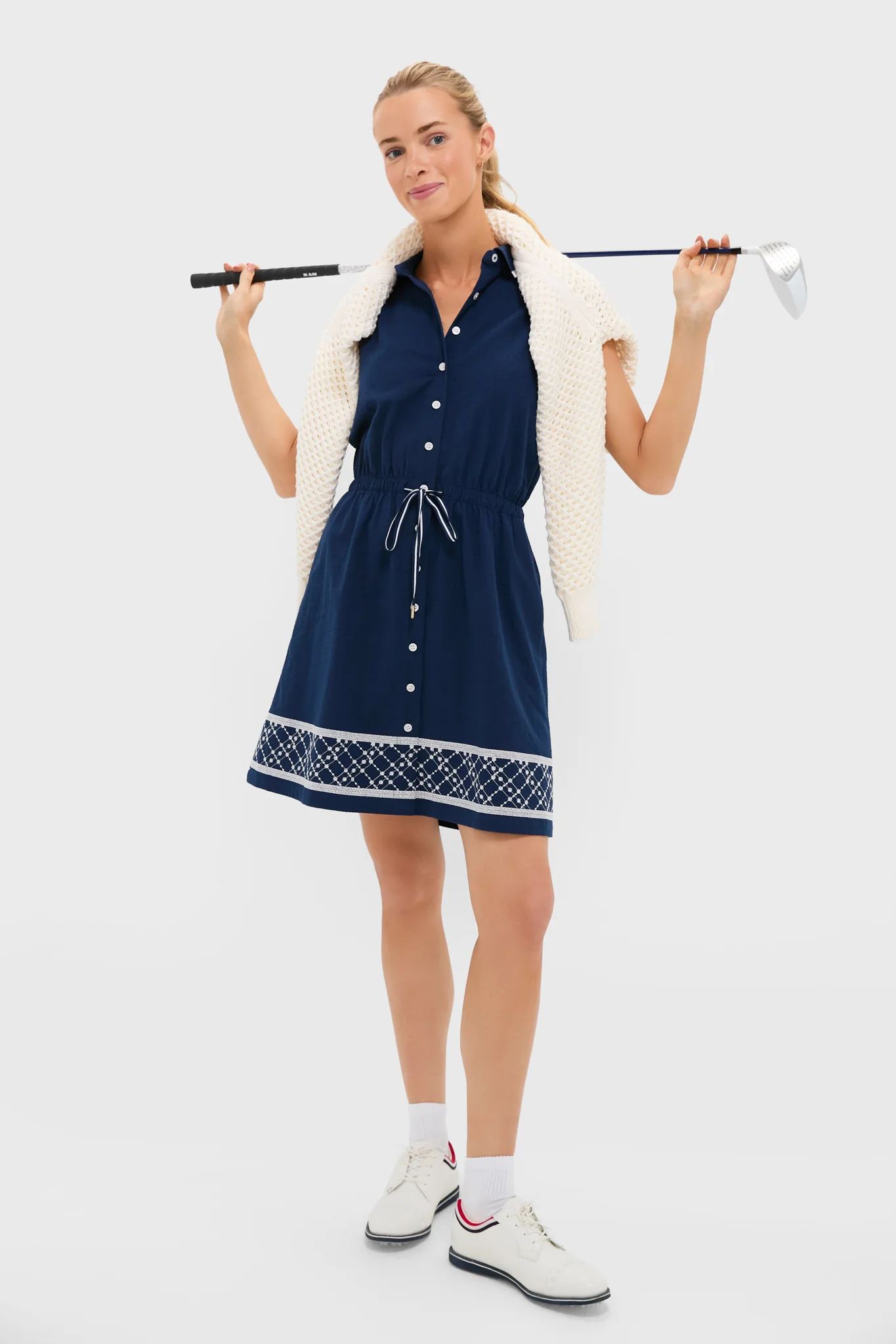 Navy and White Embroidered Sleeveless Performance Seersucker Alcott Golf Dress - Image 7