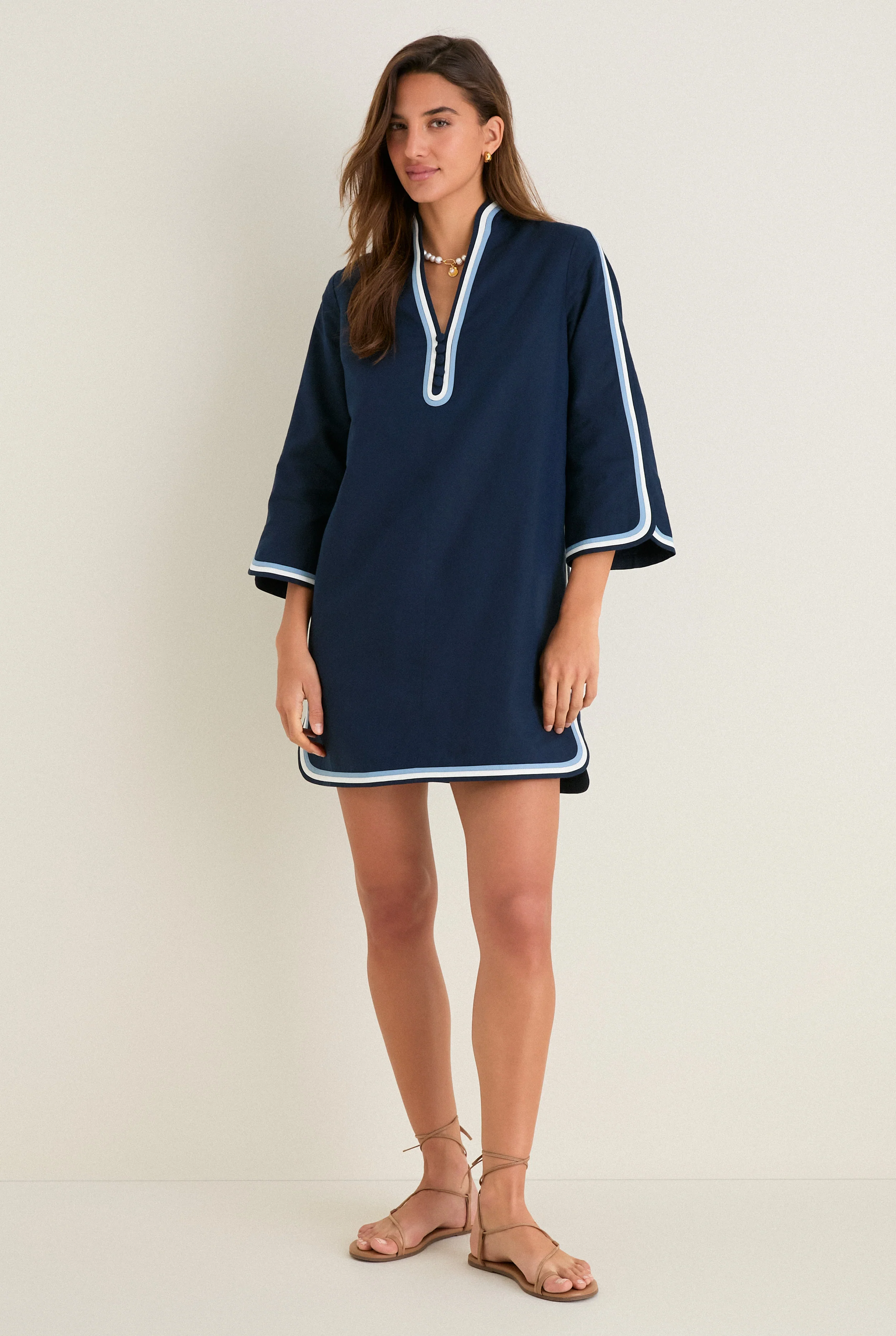 Navy Cotton Linen Contrast Trim Sabine Tunic Dress - Image 6