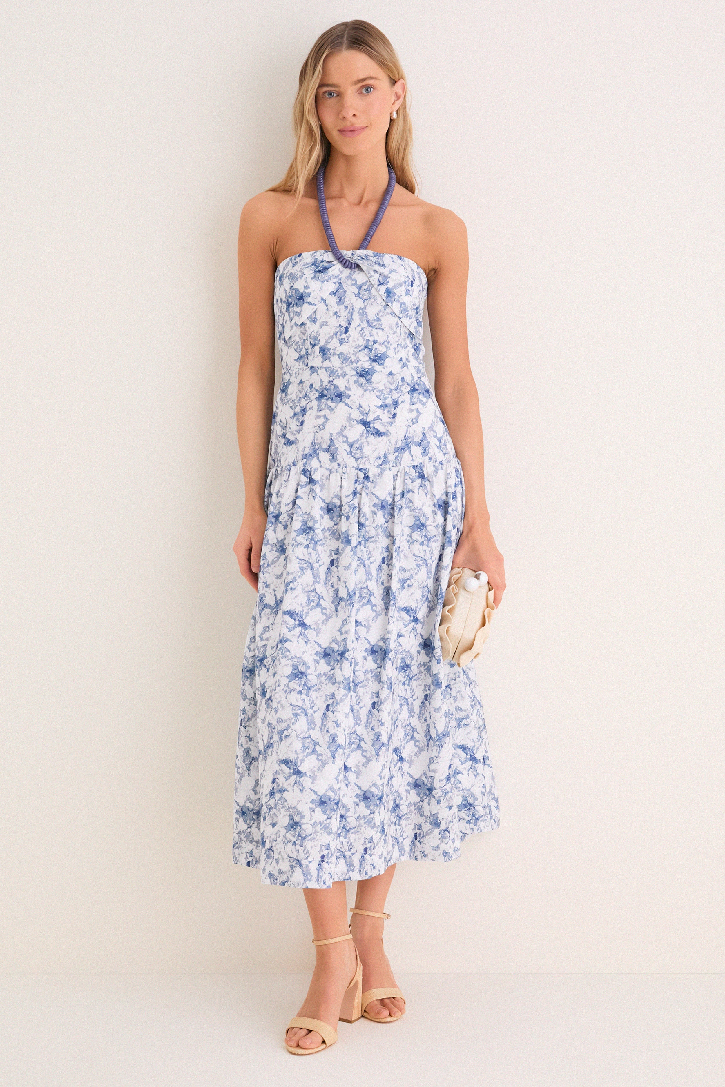 Navy Watercolor Beaded Halter Natalie Midi Dress - Image 2