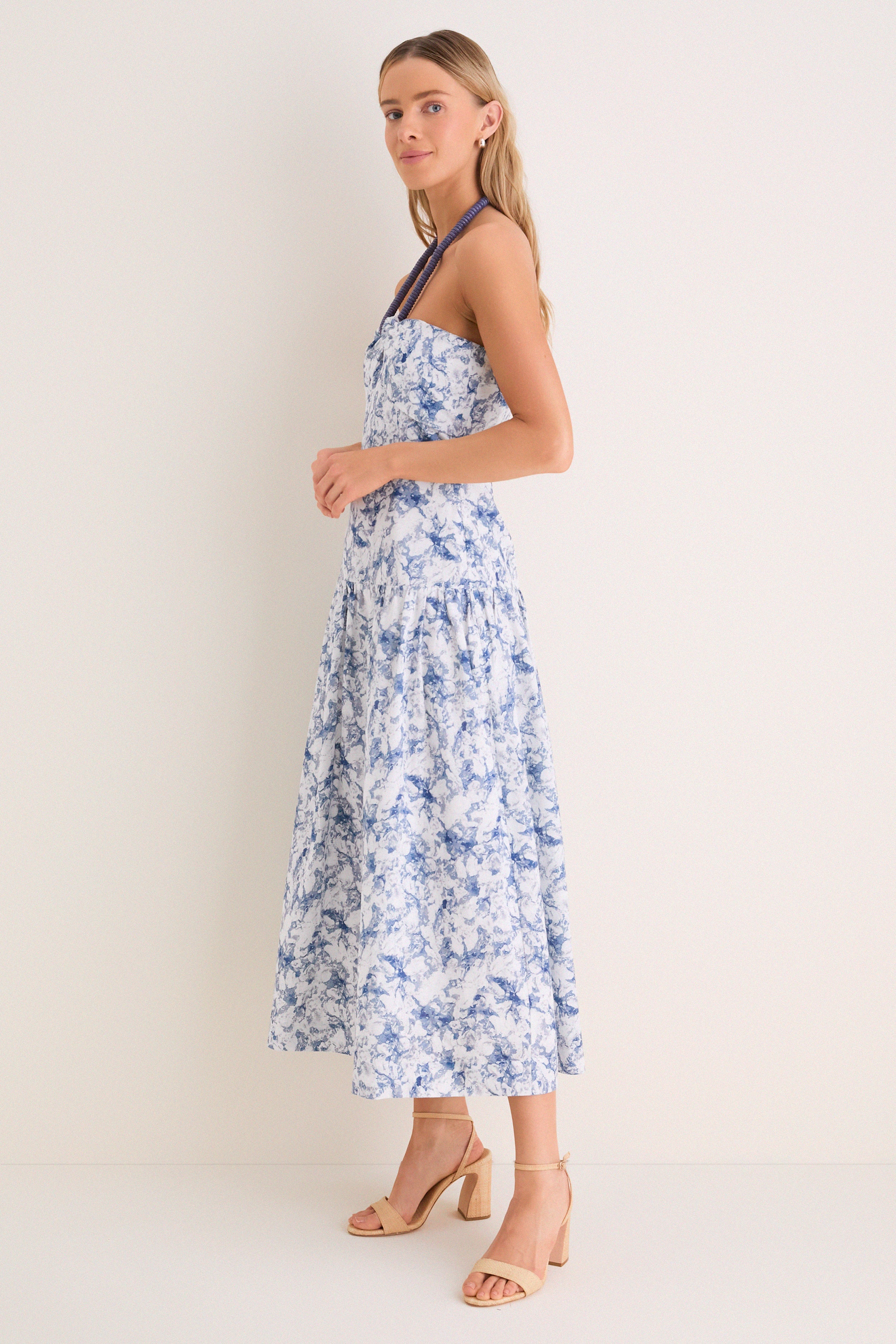 Navy Watercolor Beaded Halter Natalie Midi Dress - Image 3