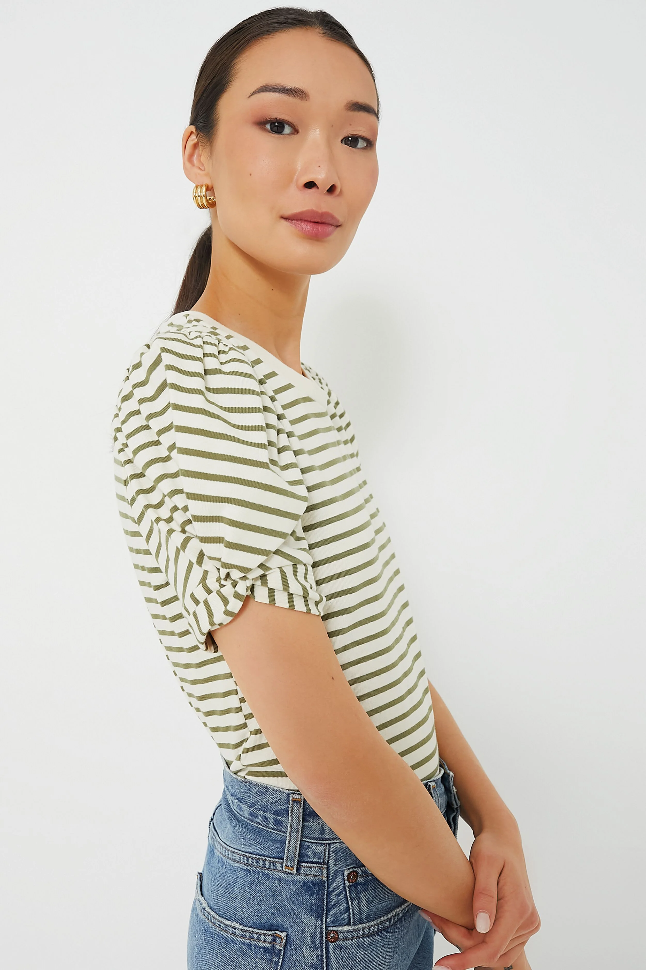 Olive Striped Vesty Puff Short Sleeve Crewneck - Image 3