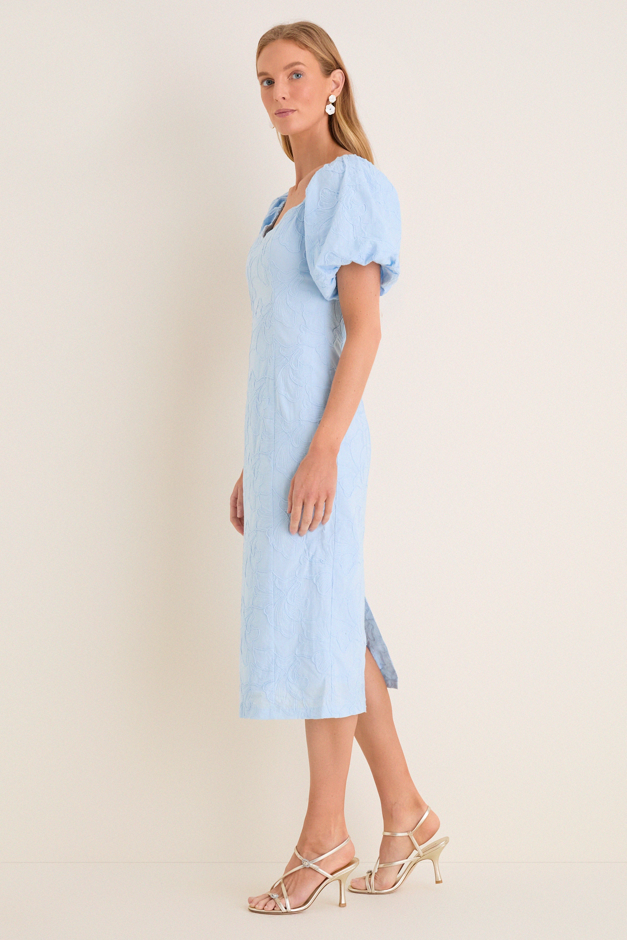 Pale Blue Embroidered Ginkgo Leaf Sallie Midi Dress - Image 4