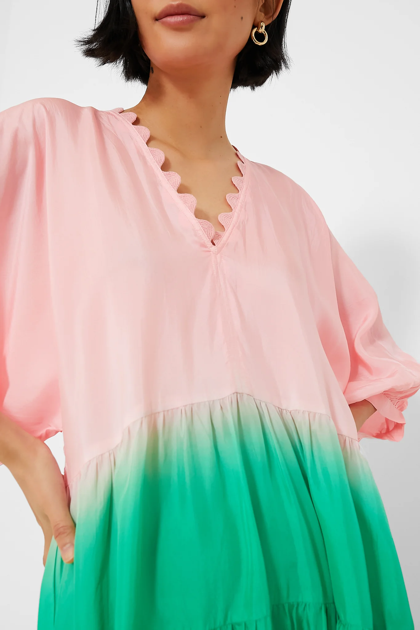 Peach and Emerald Bottle Green Ombre V-Neck Loose Maxi Dress with Ric Rac Trim - Image 5