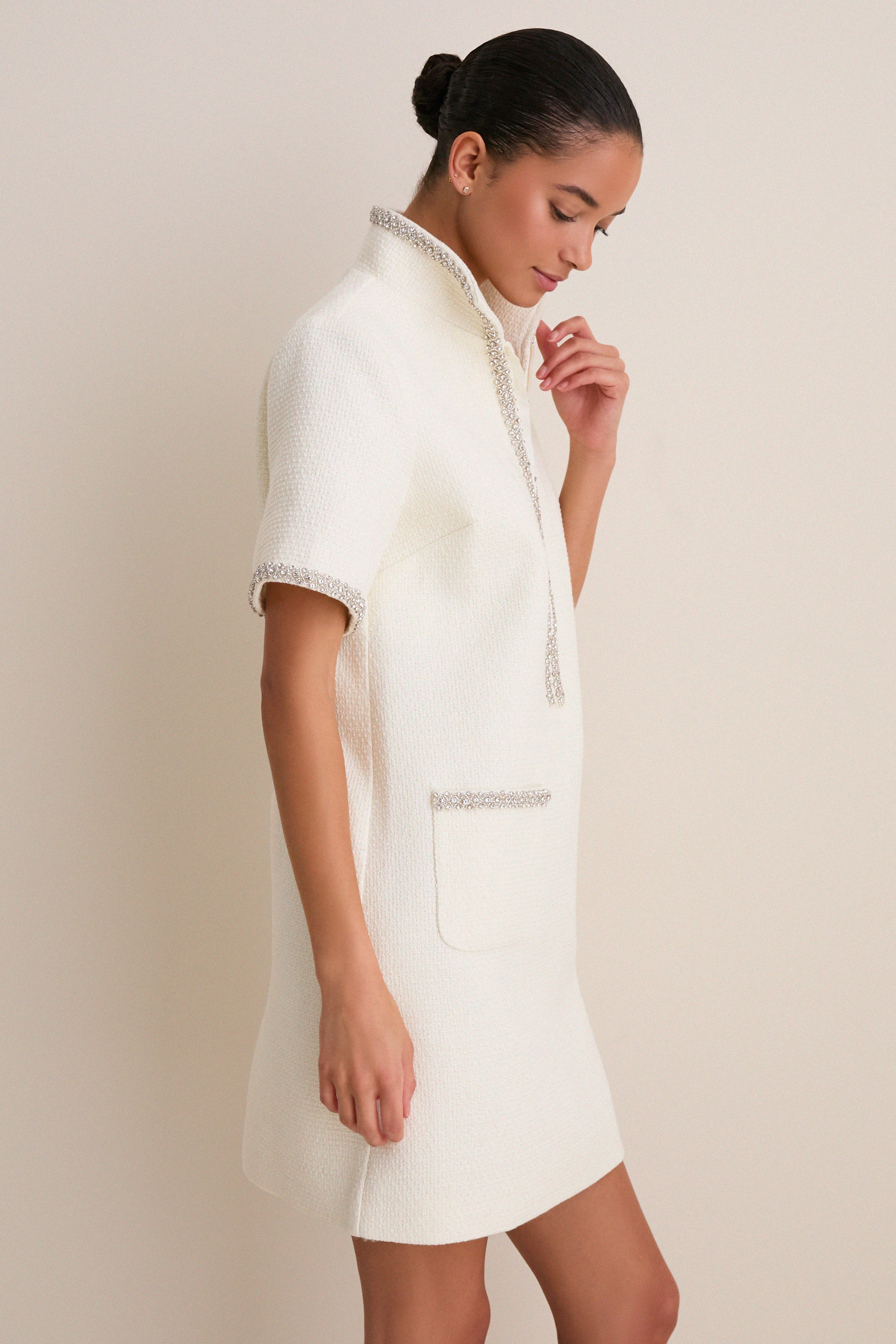 Pearl White Tweed Embellished Ophelia Dress - Image 3
