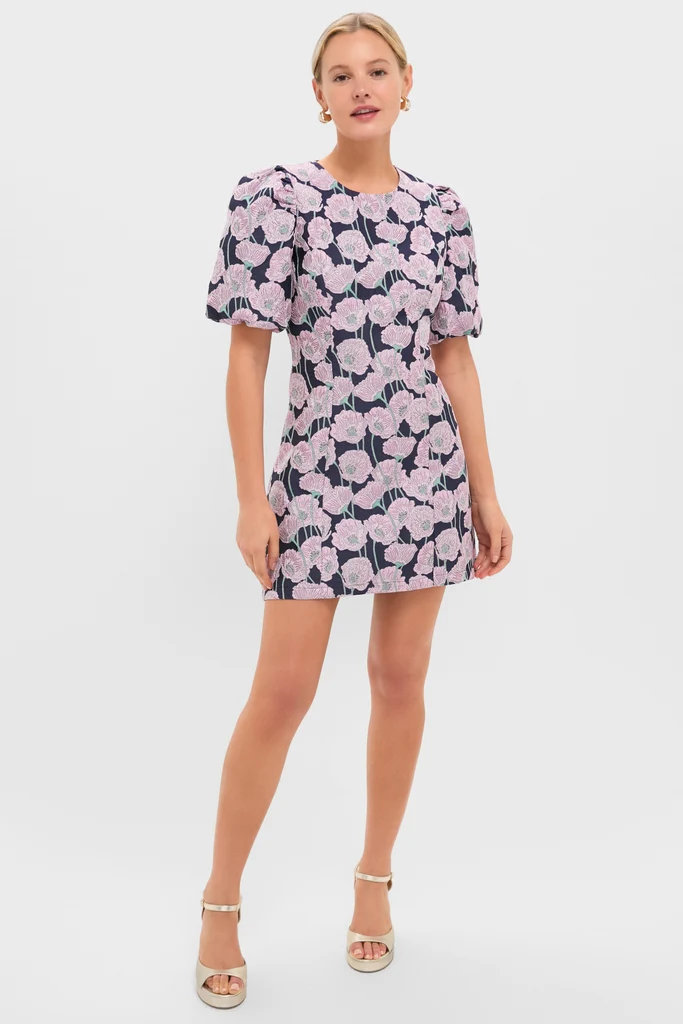 Pink & Navy Floral Jacquard Minetta Mini Dress - Image 6