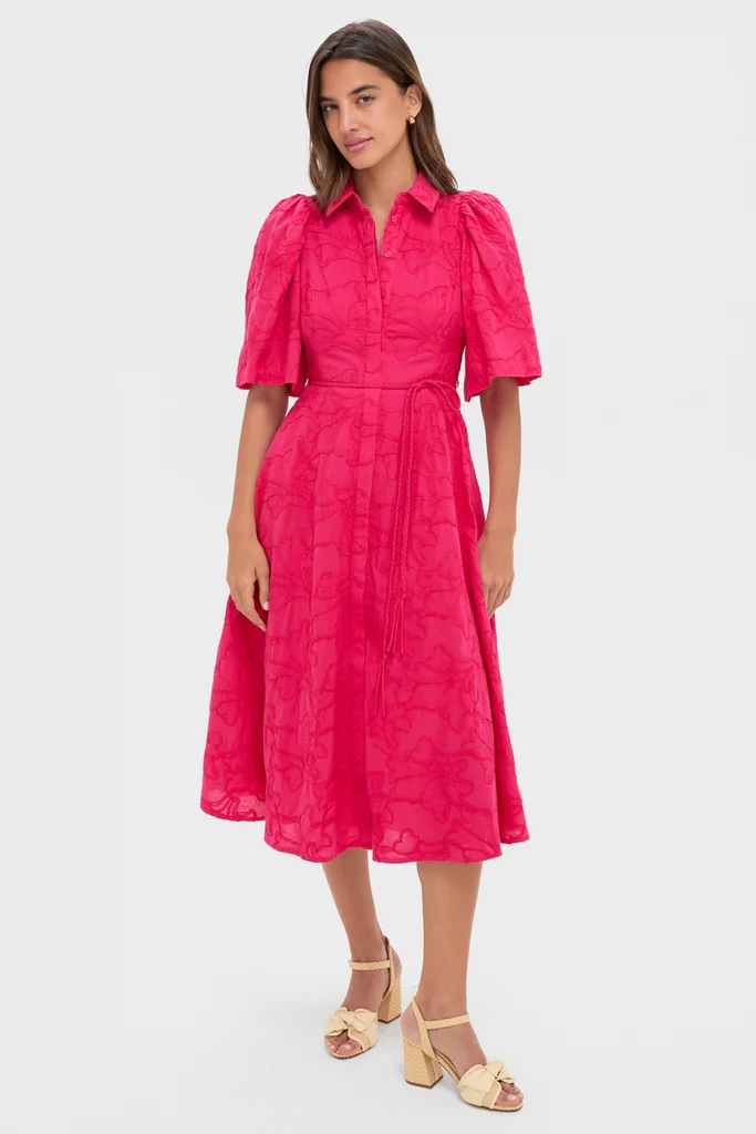Pink Textured Floral Cindy Midi Dress