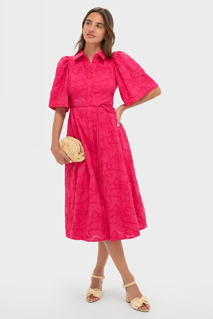 Pink Textured Floral Cindy Midi Dress - Image 3