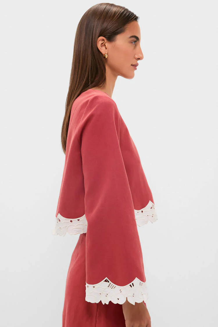 Red Eyelet Trim Cotton Linen Maxine Top - Image 3