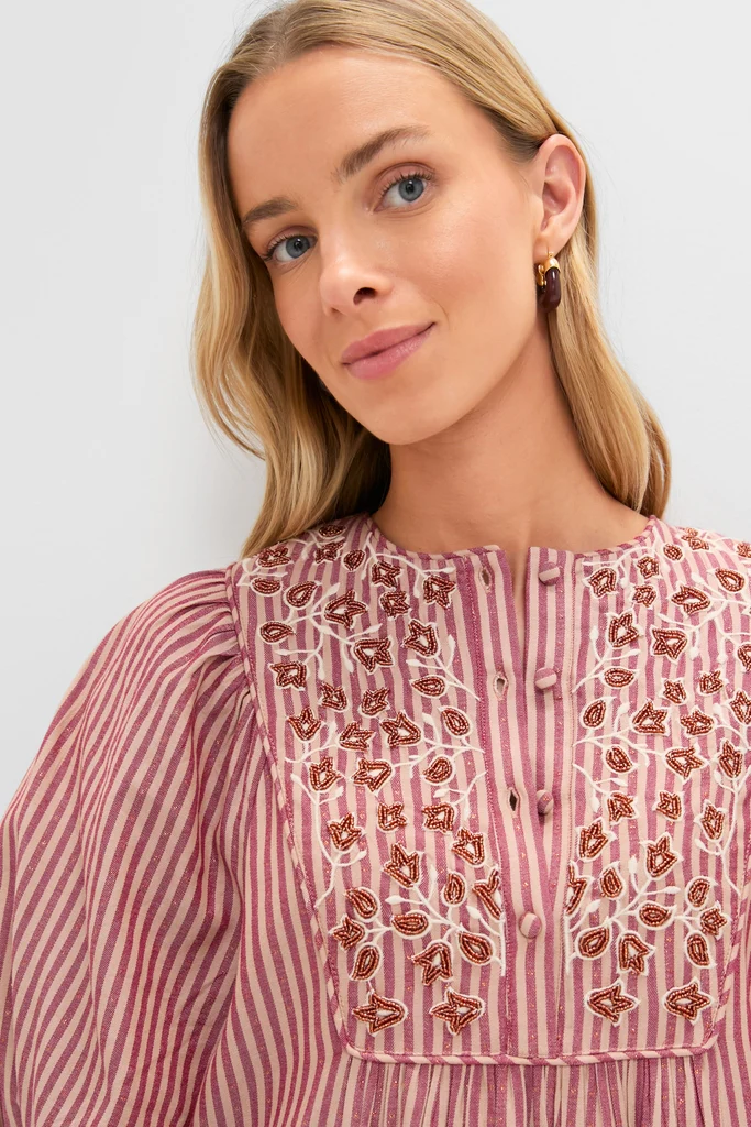 Red Lurex Stripe Hand Beaded Capote Dress - Image 2