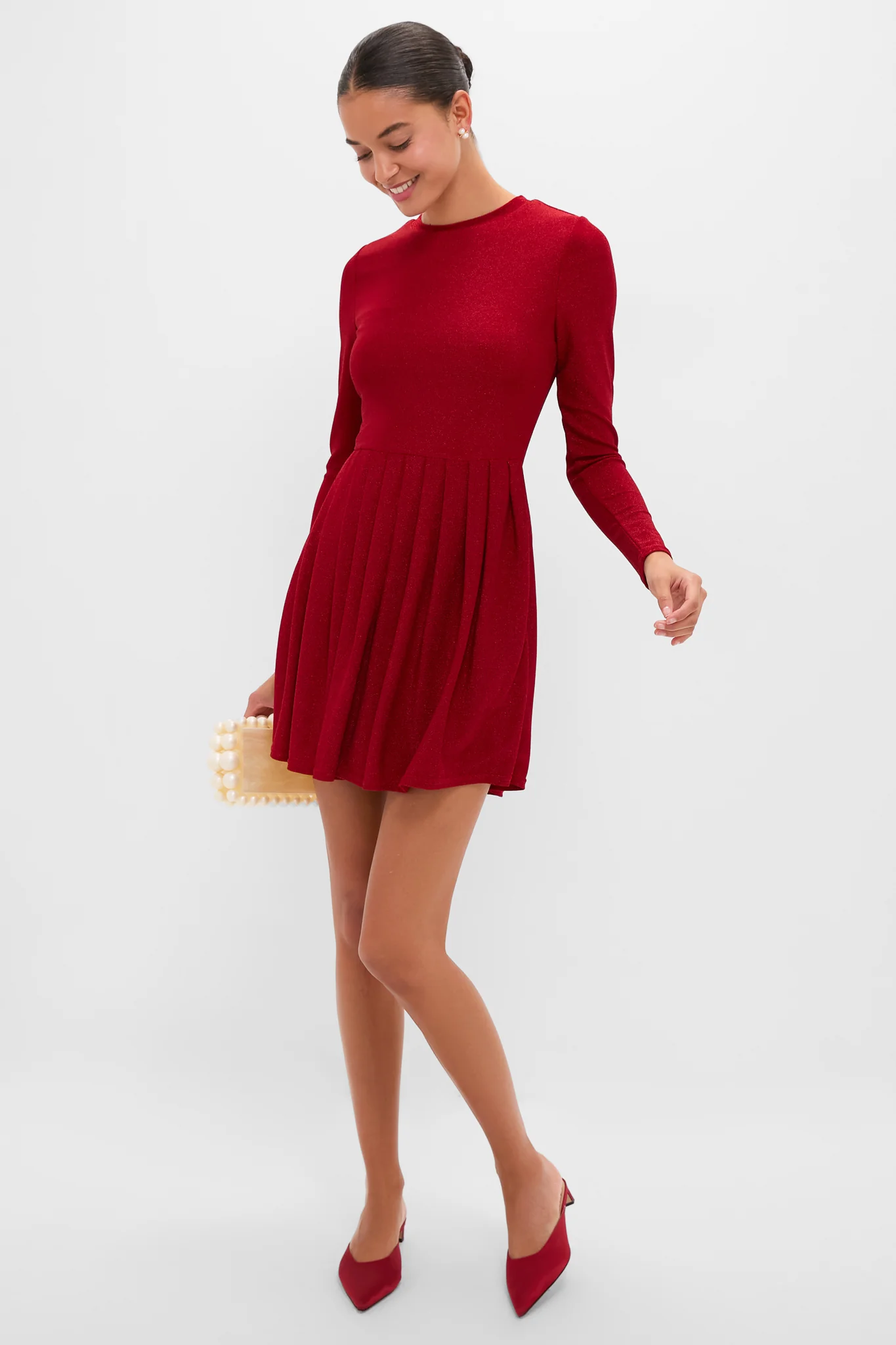Red Shimmer Pleated Bale Mini Dress - Image 2