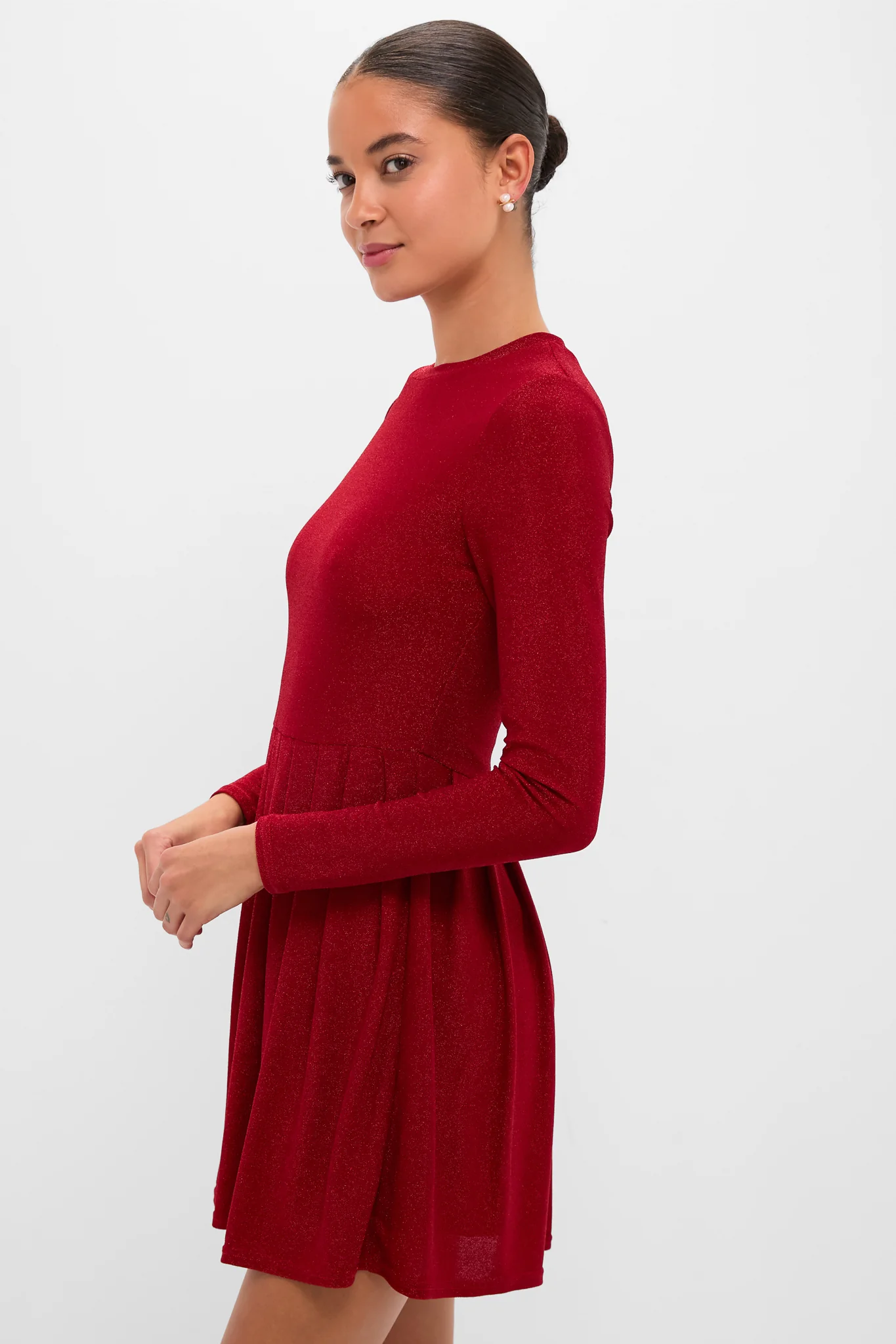 Red Shimmer Pleated Bale Mini Dress - Image 3
