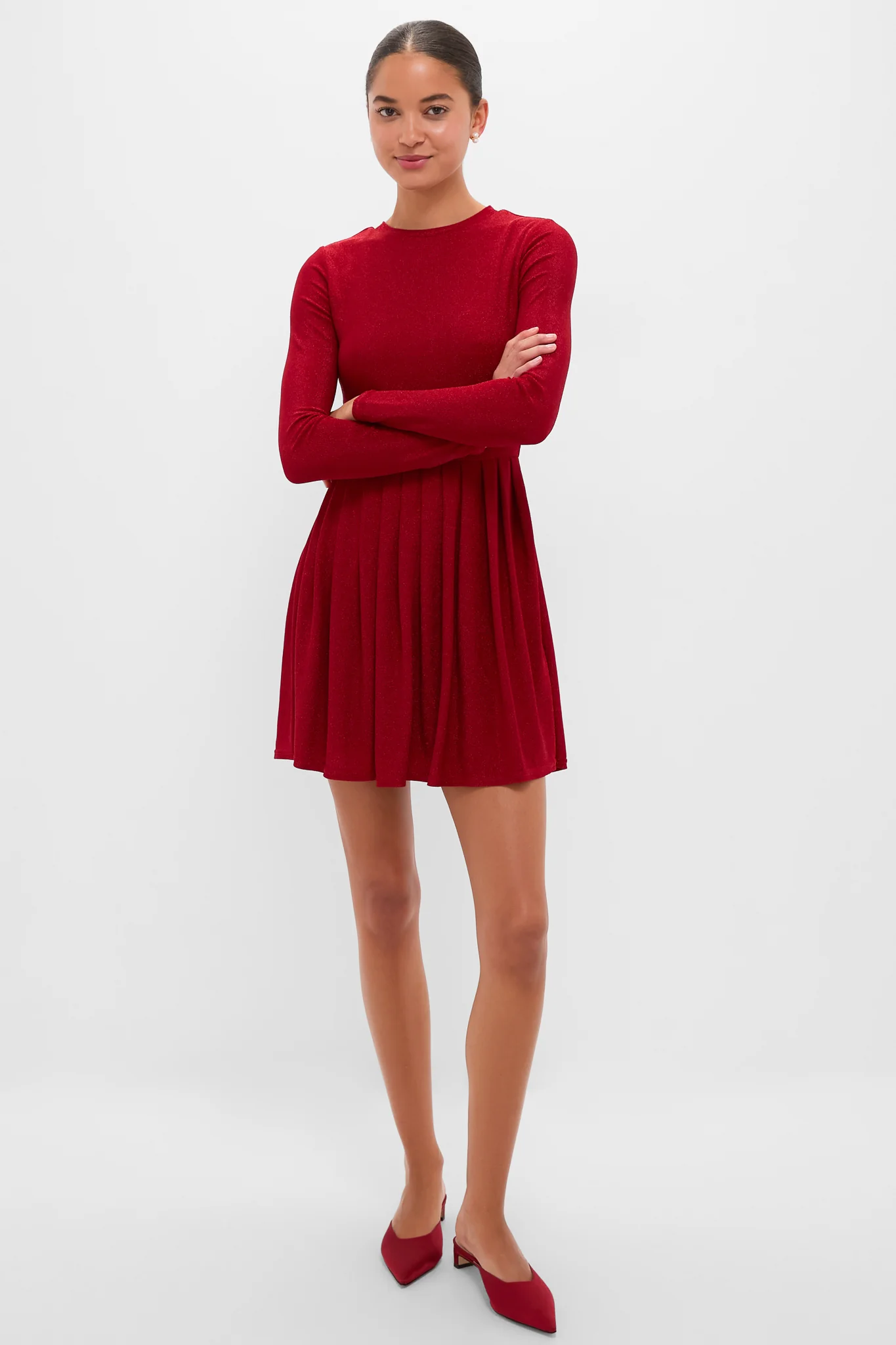 Red Shimmer Pleated Bale Mini Dress - Image 6