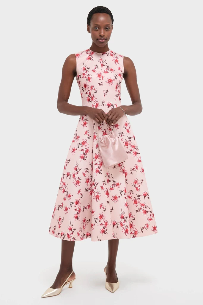 Red Summer Lillies on Pink Mara Midi Dress - Image 2