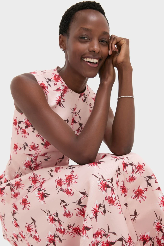 Red Summer Lillies on Pink Mara Midi Dress - Image 6