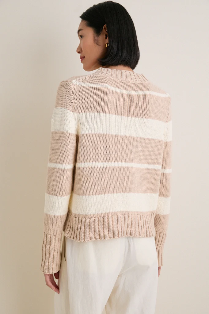 Sandstone and Ivory Stripe Cotton William Crewneck - Image 4