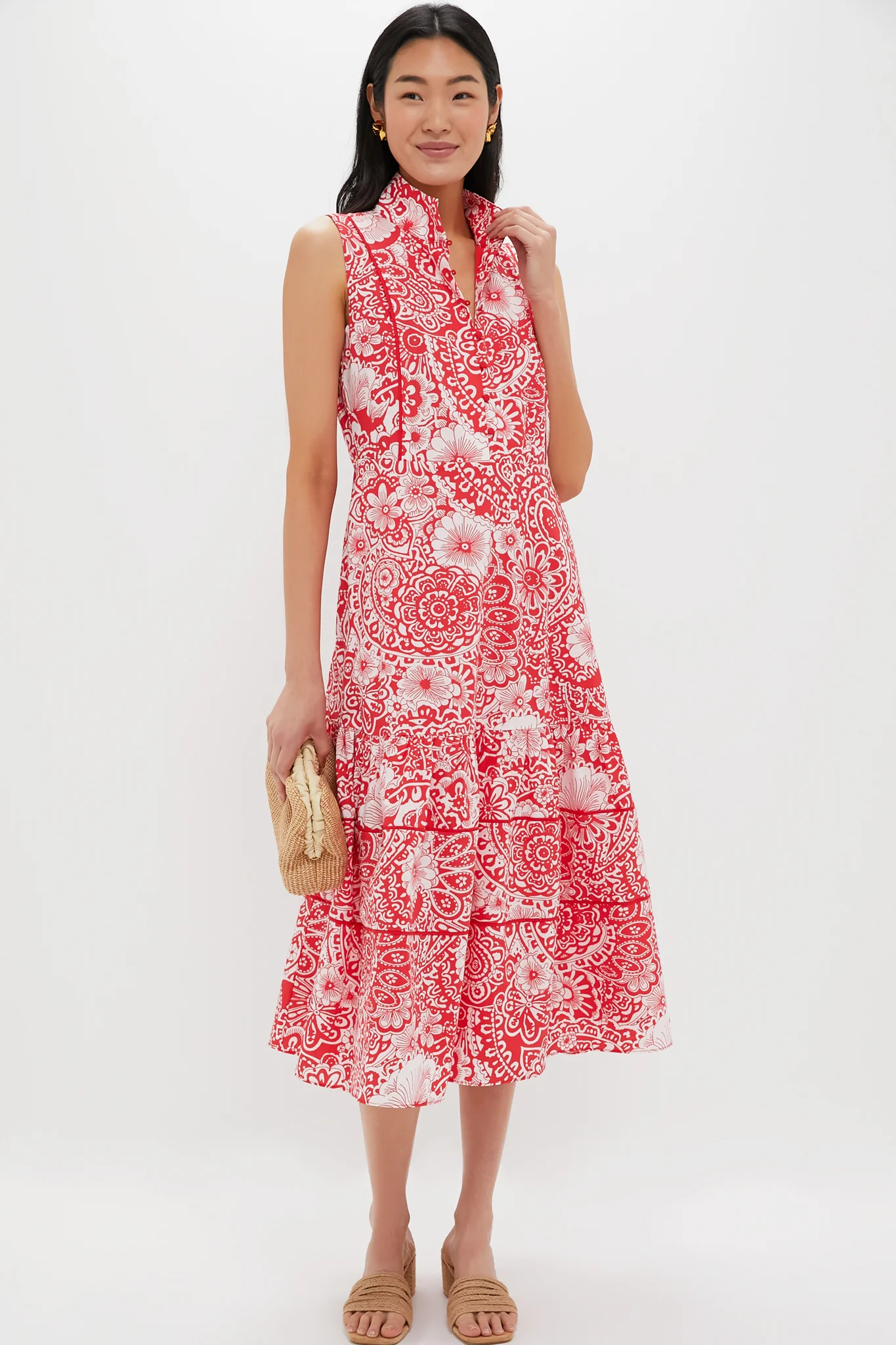 Sleeveless Red & White Floral Hillsborough Midi Dress - Image 2