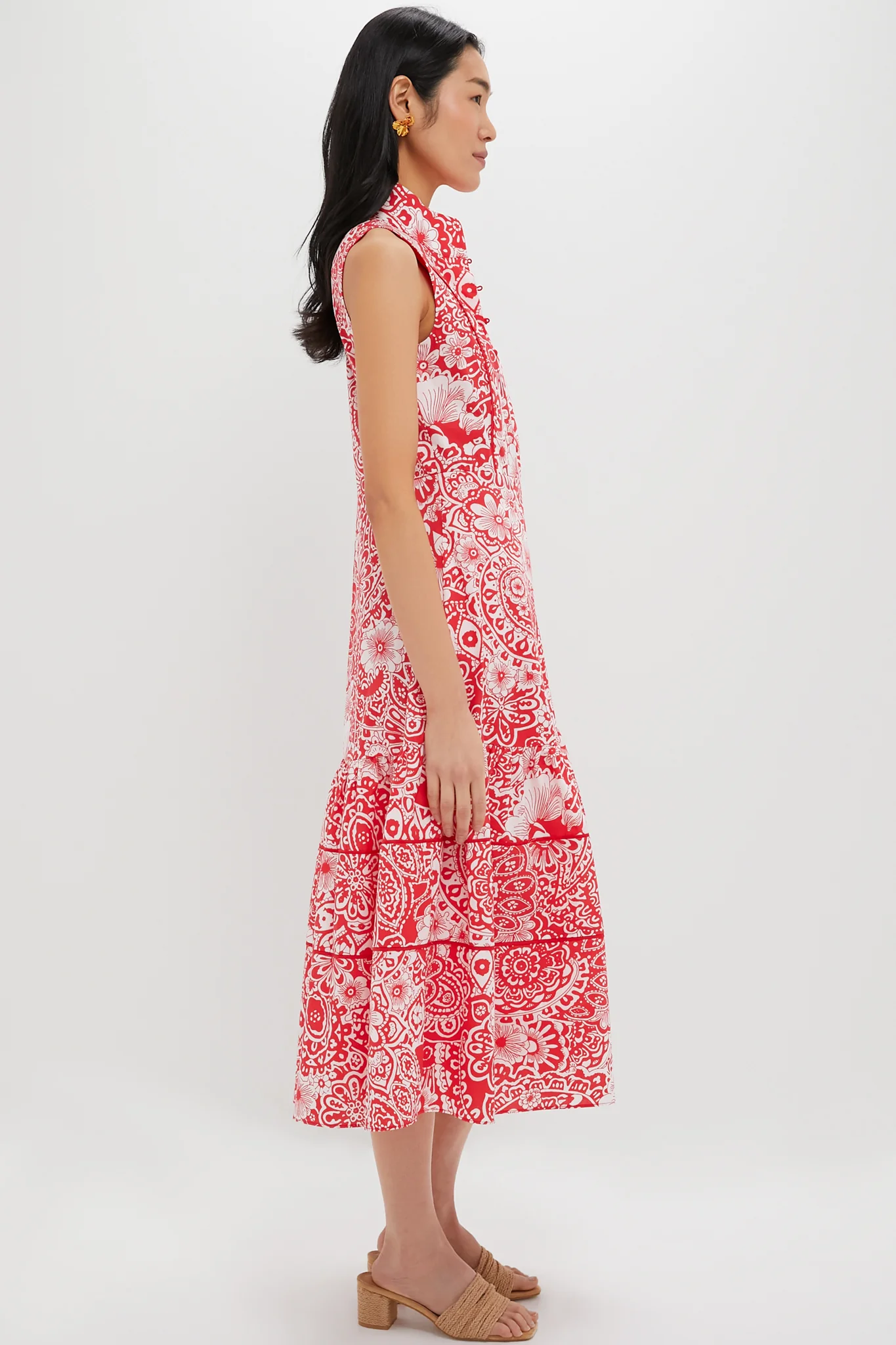 Sleeveless Red & White Floral Hillsborough Midi Dress - Image 3