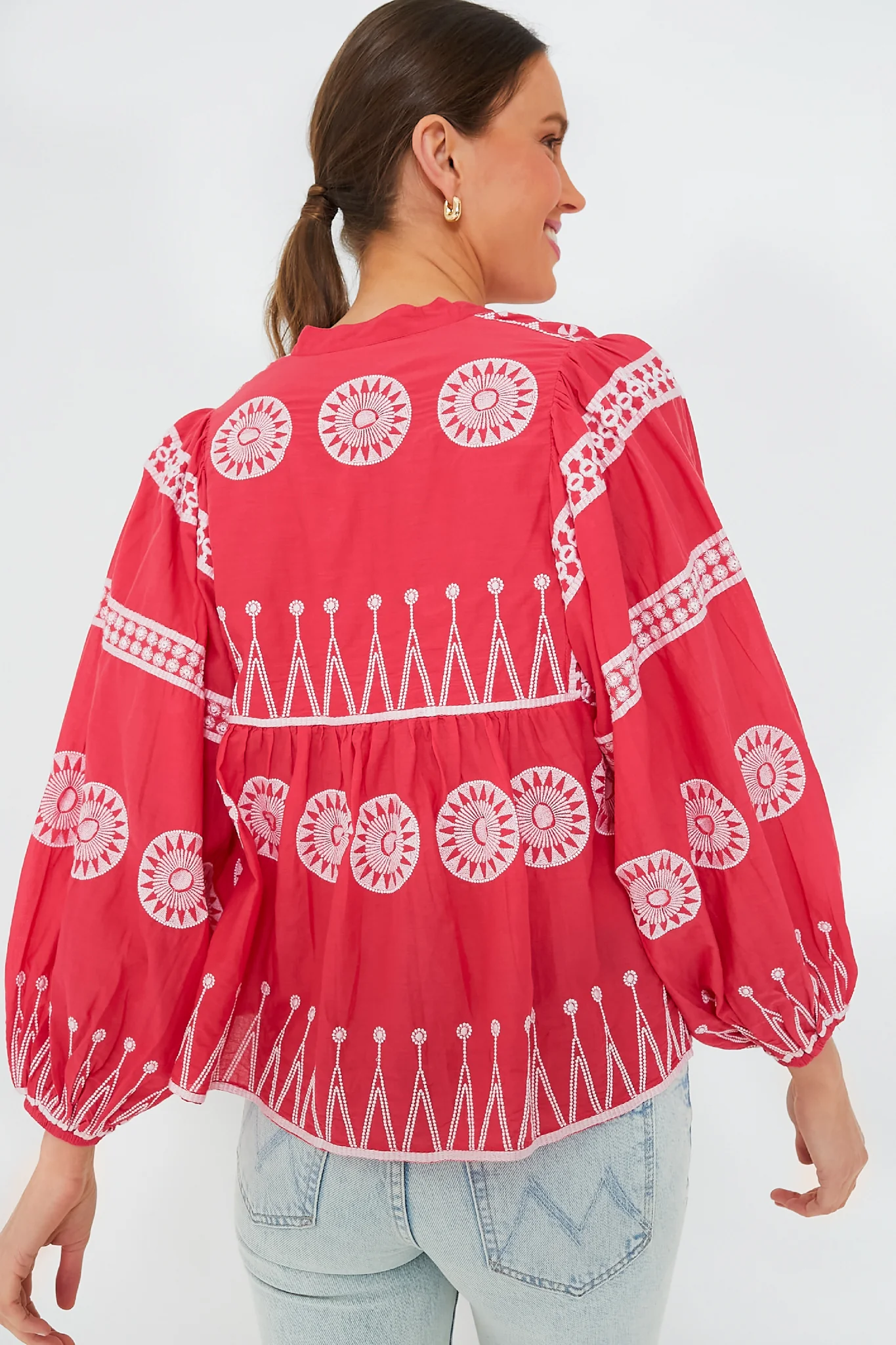 Soleil Red Mandarin Balloon Sleeve Top - Image 4