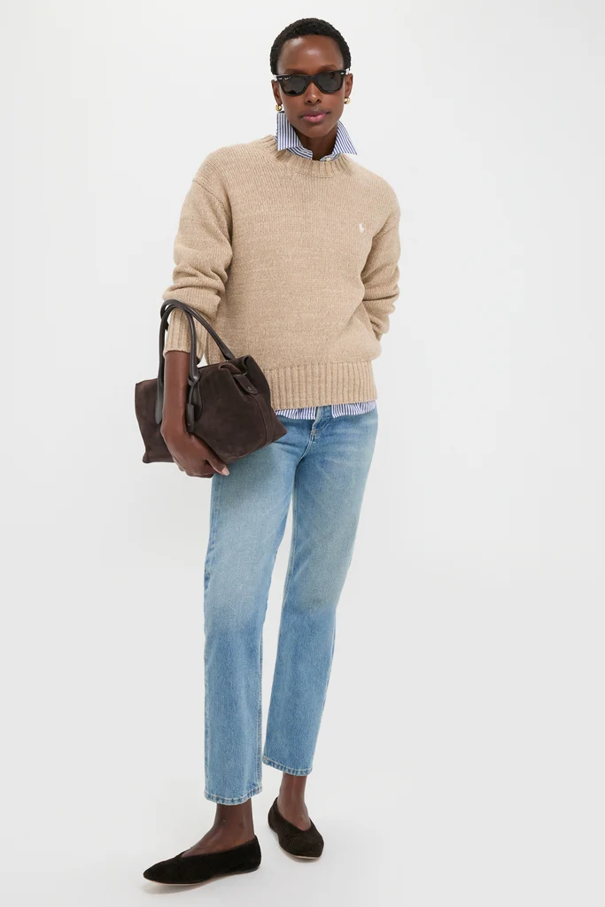 Tan Heather Cotton Long Sleeve Crewneck - Image 2