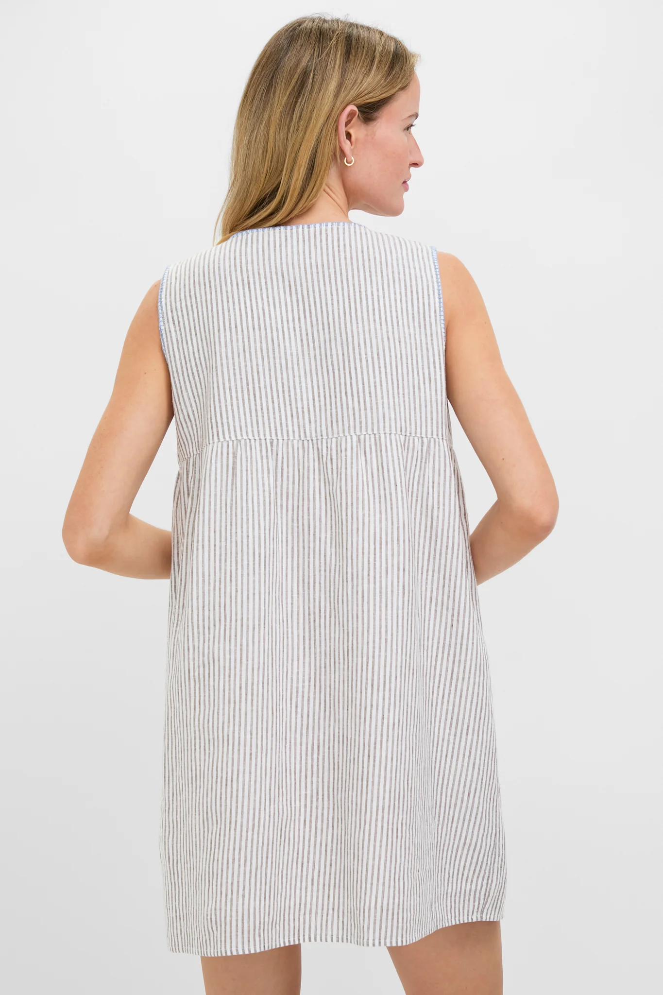 Tan Stripe Embroidered Linen Sunny Mini Dress - Image 4