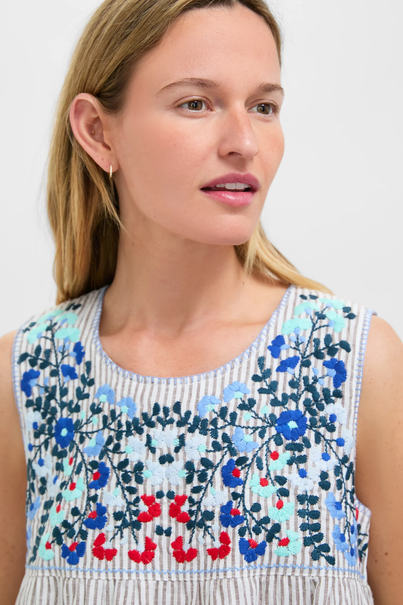 Tan Stripe Embroidered Linen Sunny Mini Dress - Image 5