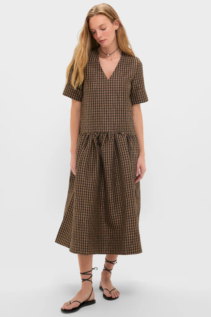 Tobacco Brown Crinkled Taffeta Check Long Dress
