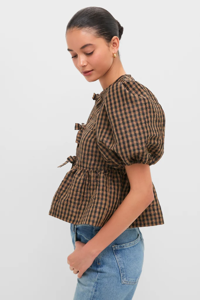 Tobacco Brown Crinkled Taffeta Check Peplum Blouse - Image 3