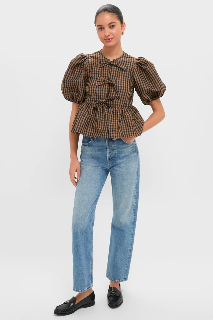 Tobacco Brown Crinkled Taffeta Check Peplum Blouse - Image 6