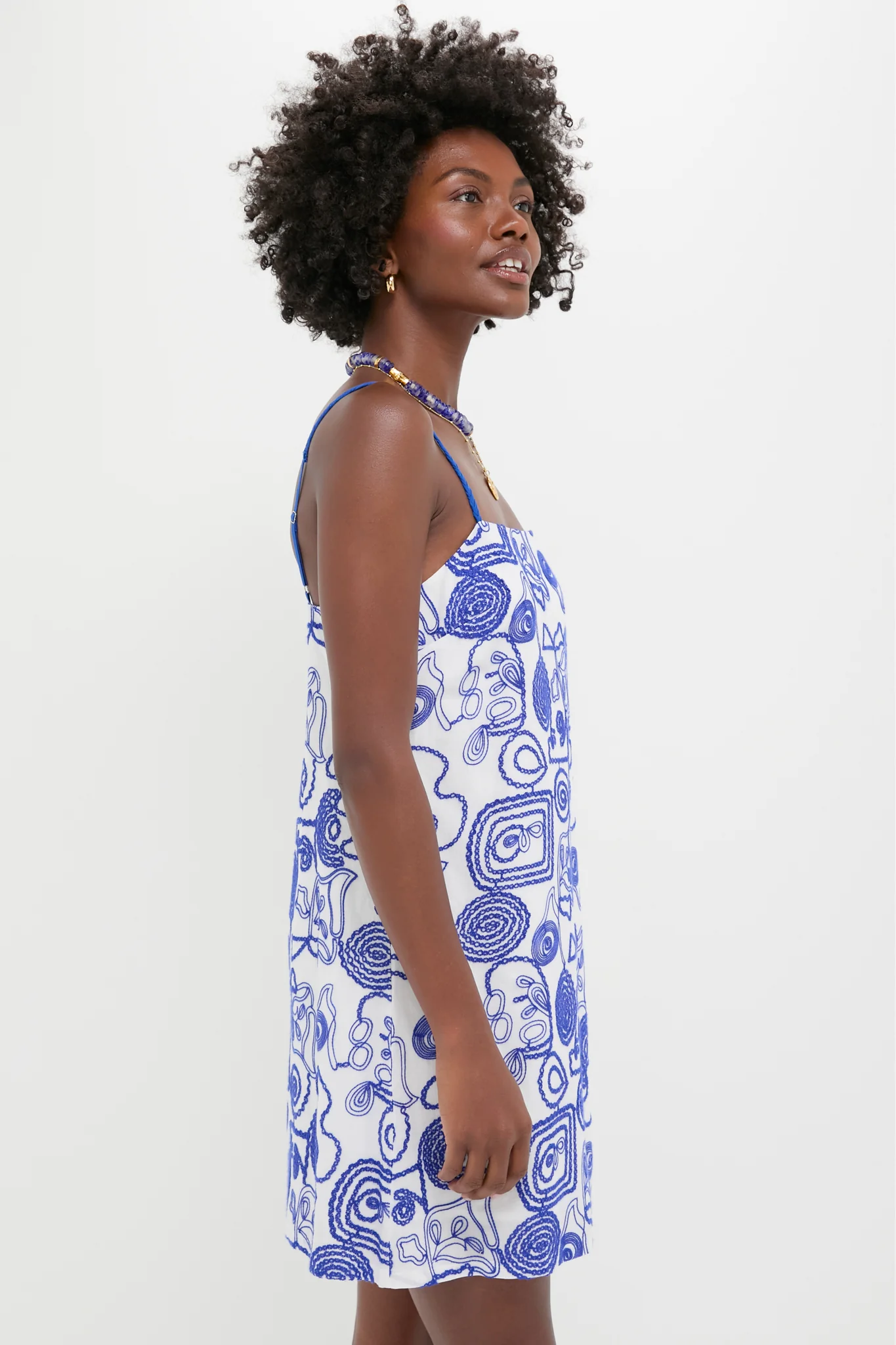 White & Royal Blue Applique Santorini Mini Dress - Image 3