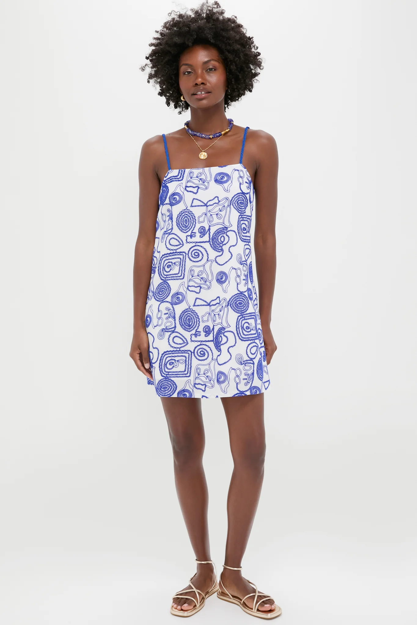 White & Royal Blue Applique Santorini Mini Dress - Image 6