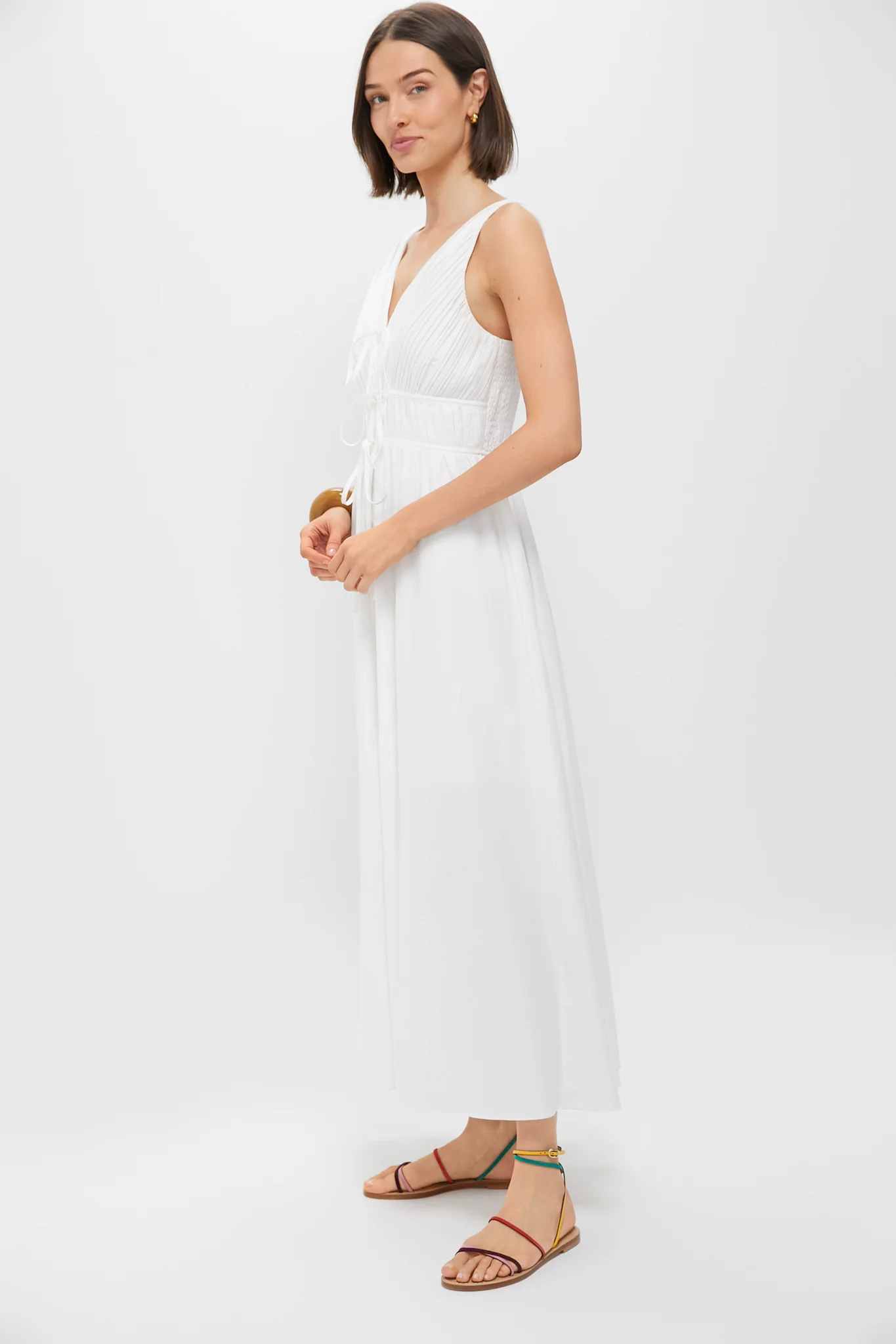 White V-Neck Pleated Midi Dress - Image 3