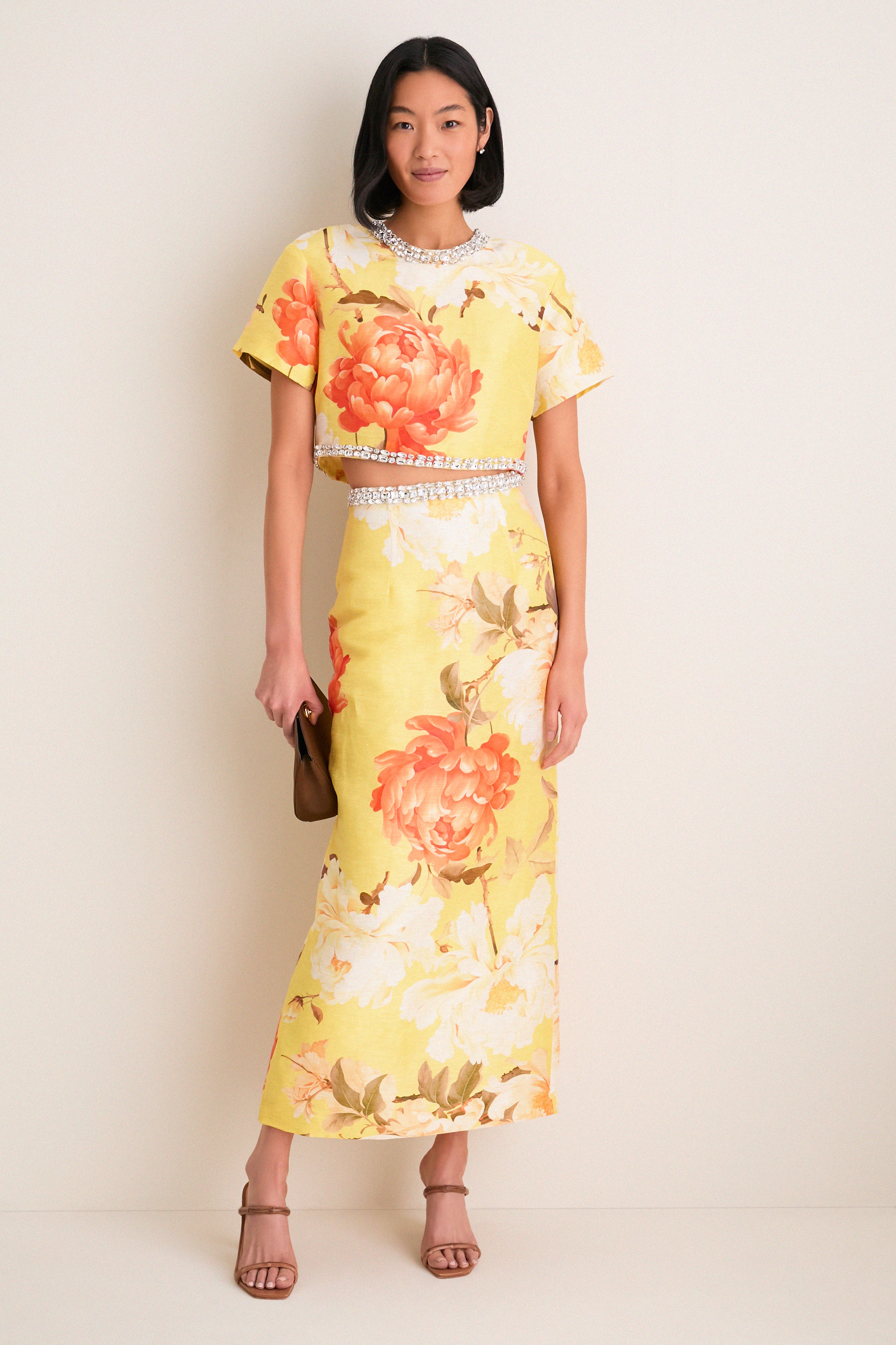 Yellow Peony Print Indie Embellished Sleeve Top - Image 2